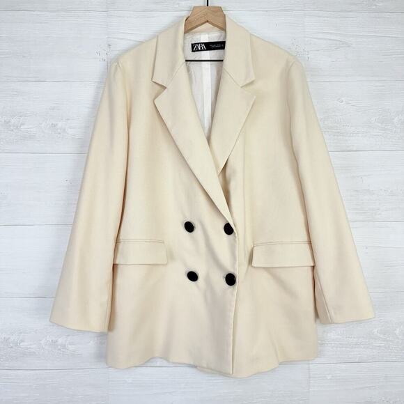 Zara Womens Oversized Double Breasted Blazer Size Large Ecru Academia Preppy - Picture 2 of 16